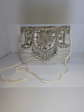 Whittall & Shon Silver Beaded Sequin Evening Clutch Crossbody Purse Vintage Glam